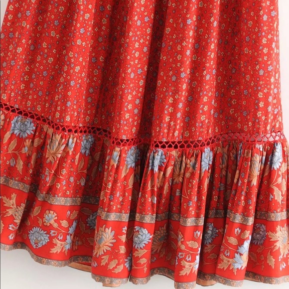 Long Maxi Boho Floral Gypsy Print Skirt Red - Picture 12 of 16